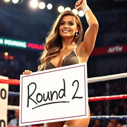 A stunning ring card girl energetically holding up a large placard that reads 'Round 2'