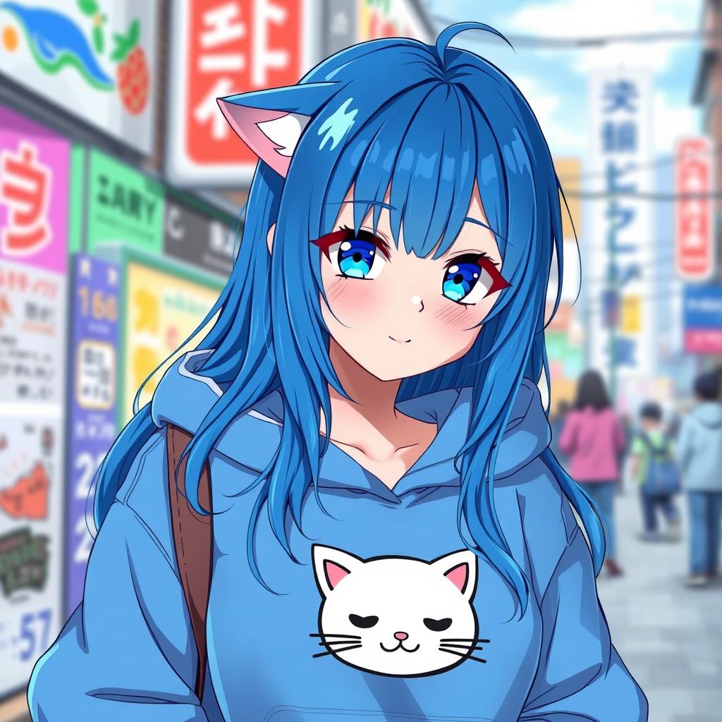 A 19-year-old anime girl with large curves, vibrant blue hair cascading down her shoulders, and striking blue eyes