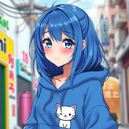 A 19-year-old anime girl with large curves, vibrant blue hair cascading down her shoulders, and striking blue eyes