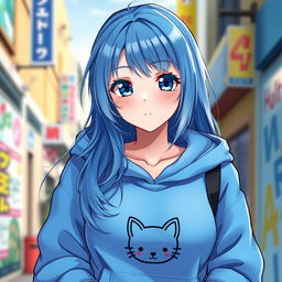 A 19-year-old anime girl with large curves, vibrant blue hair cascading down her shoulders, and striking blue eyes