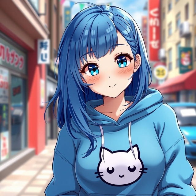 A 19-year-old anime girl with large curves, vibrant blue hair cascading down her shoulders, and striking blue eyes