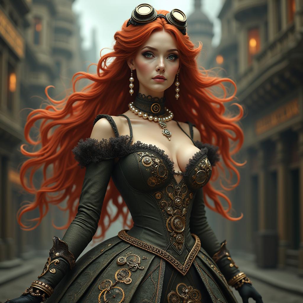 A stunning steampunk queen with flowing red hair, elegantly adorned with pearls and wearing an extravagant Victorian gown