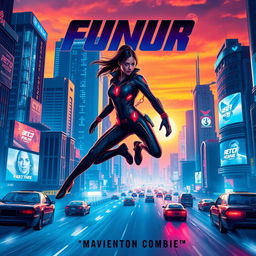 A striking and vibrant movie poster featuring a futuristic cityscape with flying cars and neon lights