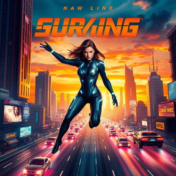 A striking and vibrant movie poster featuring a futuristic cityscape with flying cars and neon lights