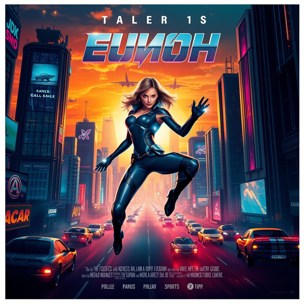 A striking and vibrant movie poster featuring a futuristic cityscape with flying cars and neon lights