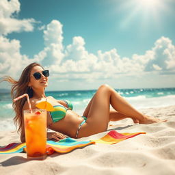 A vibrant beach scene featuring a stunning woman in a colorful bikini, sunbathing on a soft sandy beach