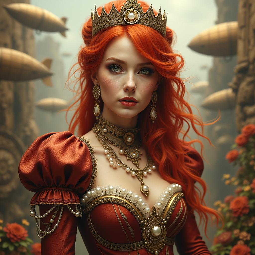 A stunning steampunk queen with flowing red hair, elegantly adorned with intricate pearl jewelry
