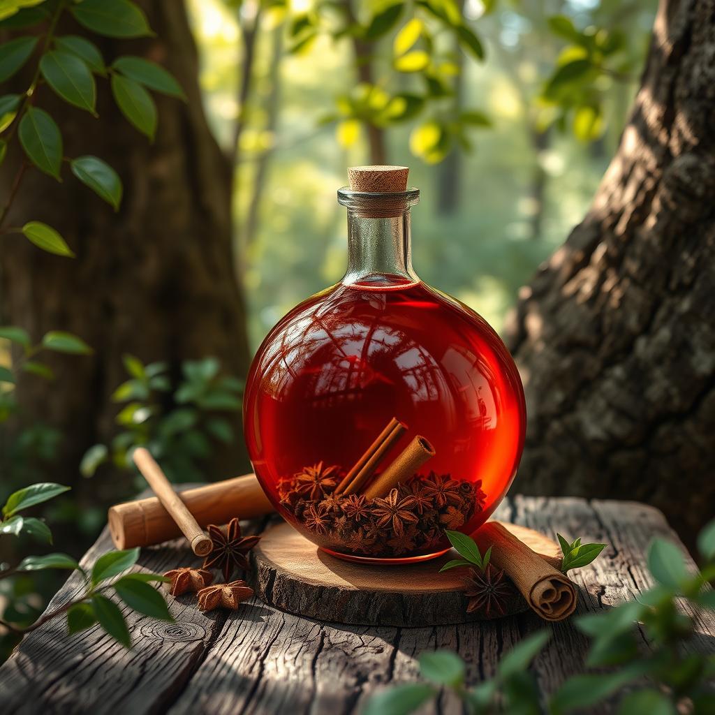 A round, vibrant red potion bottle filled with a rich mixture of ginger, cloves, cinnamon, and honey, resting on a rustic wooden table surrounded by an enchanting forest setting