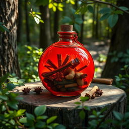 A round, vibrant red potion bottle filled with a rich mixture of ginger, cloves, cinnamon, and honey, resting on a rustic wooden table surrounded by an enchanting forest setting