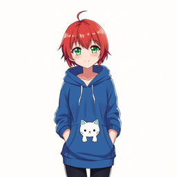 A 19-year-old anime girl with vibrant red hair and striking green eyes, wearing a cozy blue hoodie adorned with a playful cat symbol