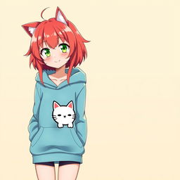 A 19-year-old anime girl with vibrant red hair and striking green eyes, wearing a cozy blue hoodie adorned with a playful cat symbol