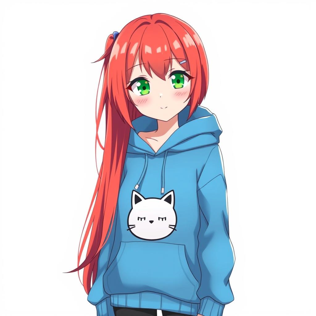 A 19-year-old anime girl with vibrant red hair and striking green eyes, wearing a cozy blue hoodie adorned with a playful cat symbol