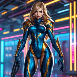 A stunning depiction of a female character inspired by the iconic design of Zero Suit Samus, featuring an elegant, form-fitting bodysuit that accentuates her athletic and powerful physique