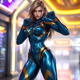 A stunning depiction of a female character inspired by the iconic design of Zero Suit Samus, featuring an elegant, form-fitting bodysuit that accentuates her athletic and powerful physique