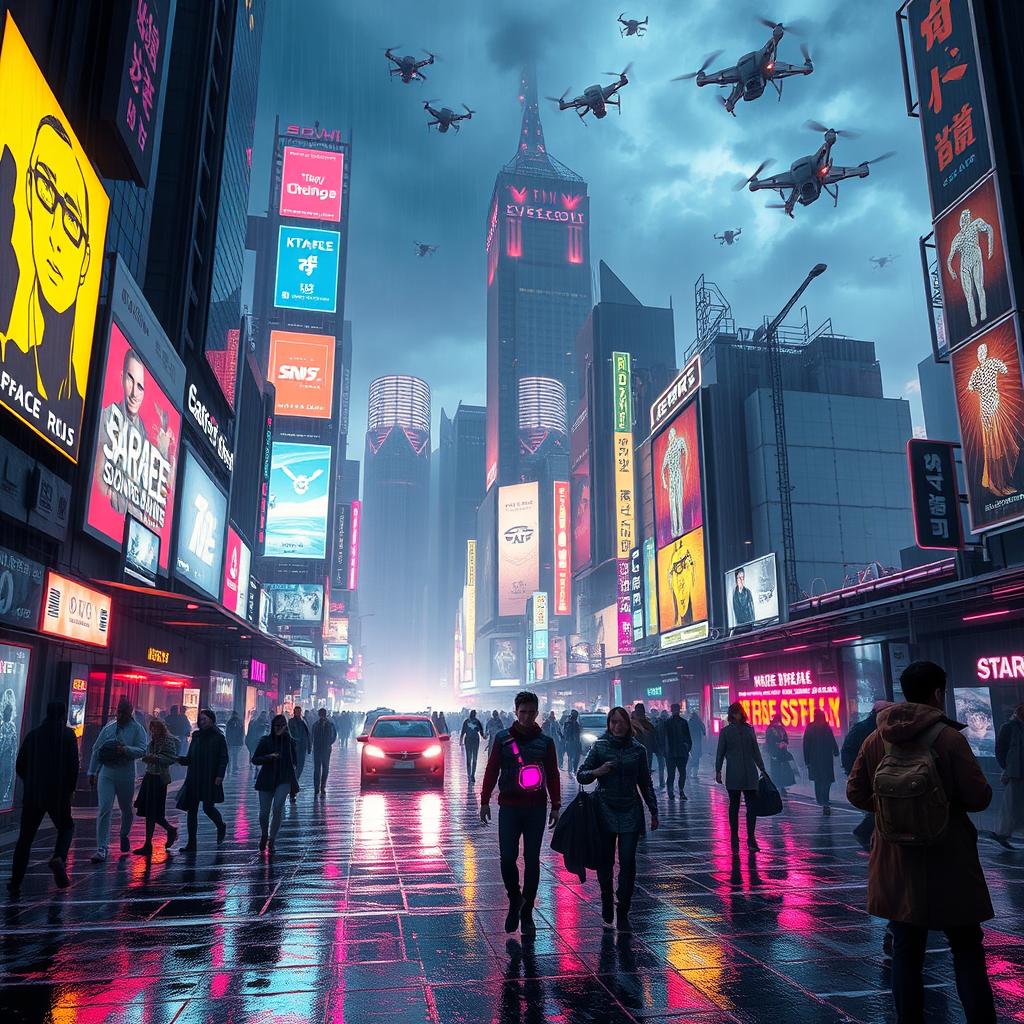 A vibrant cyberpunk cityscape at night with glowing neon lights and advanced futuristic buildings