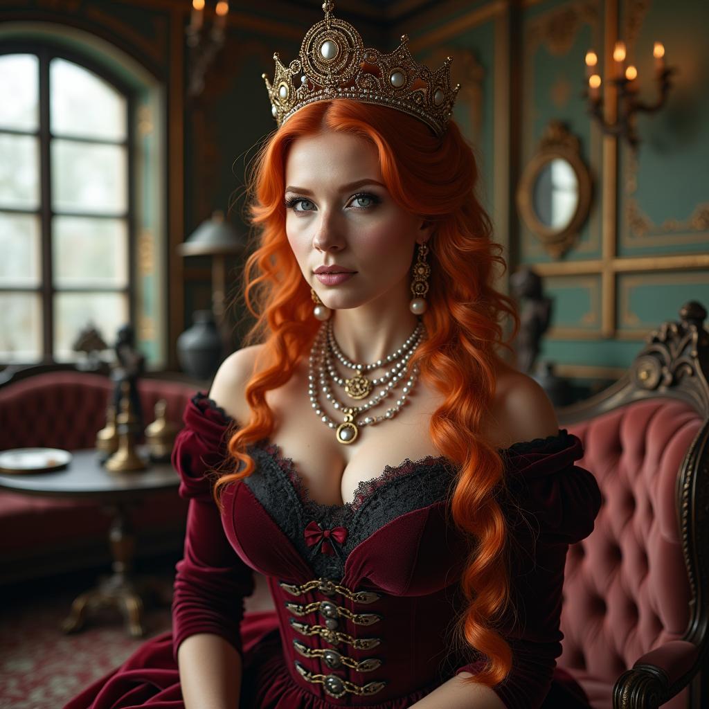 A majestic queen in a steampunk-inspired attire, featuring rich Victorian elements
