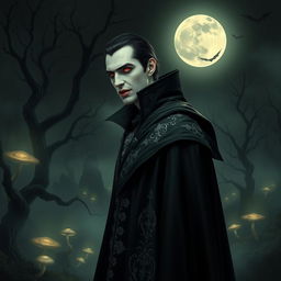 A captivating and mysterious vampire, standing in a dark, misty forest under a full moon