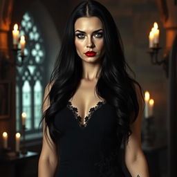 A striking vampire woman with long, flowing black hair that cascades over her shoulders