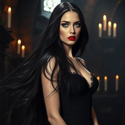A striking vampire woman with long, flowing black hair that cascades over her shoulders