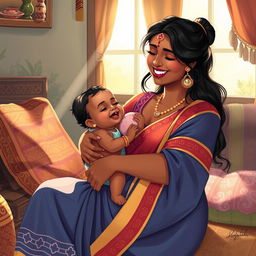 A beautifully illustrated scene featuring a voluptuous Indian woman in a traditional deep blouse, engaging in a nurturing moment with her child