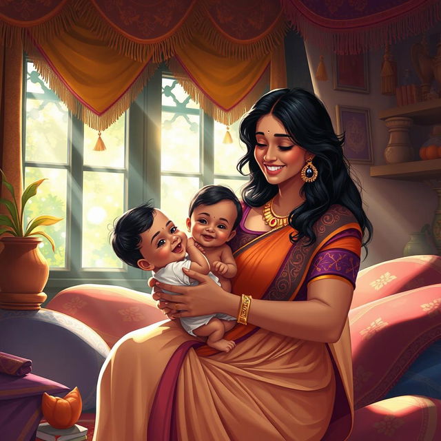 A beautifully illustrated scene featuring a voluptuous Indian woman in a traditional deep blouse, engaging in a nurturing moment with her child