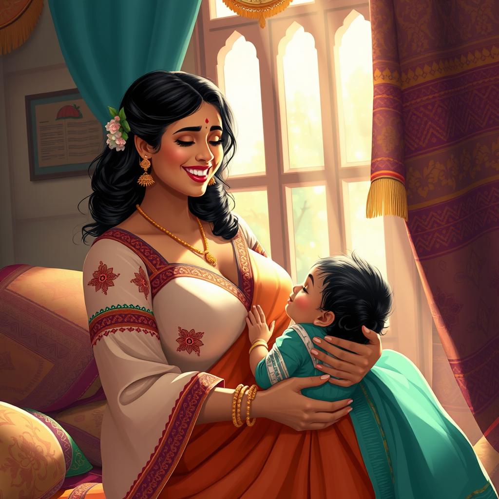 A beautifully illustrated scene featuring a voluptuous Indian woman in a traditional deep blouse, engaging in a nurturing moment with her child