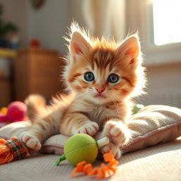A cute and playful kitten with fluffy fur, big bright eyes, and tiny paws, playfully lounging on a soft cushion in a sunlit room