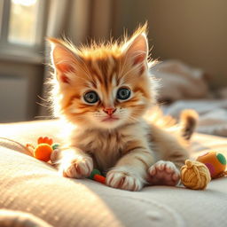 A cute and playful kitten with fluffy fur, big bright eyes, and tiny paws, playfully lounging on a soft cushion in a sunlit room