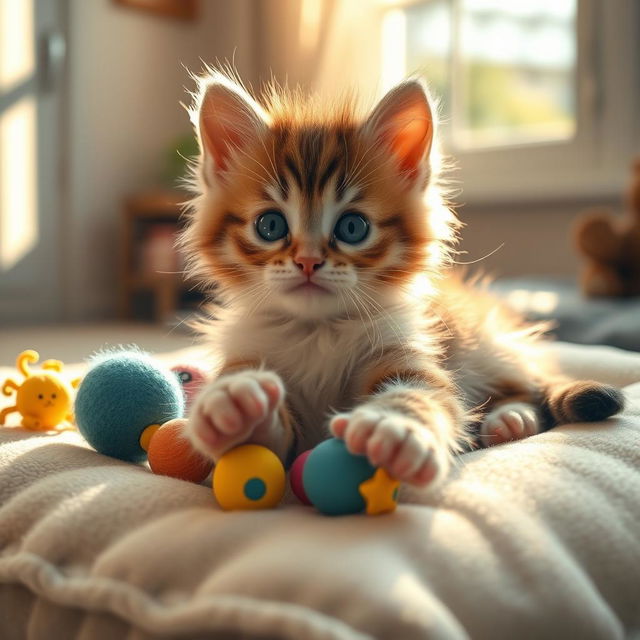 A cute and playful kitten with fluffy fur, big bright eyes, and tiny paws, playfully lounging on a soft cushion in a sunlit room