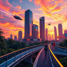 A glossy and stylish aesthetic image showcasing a futuristic cityscape at sunset