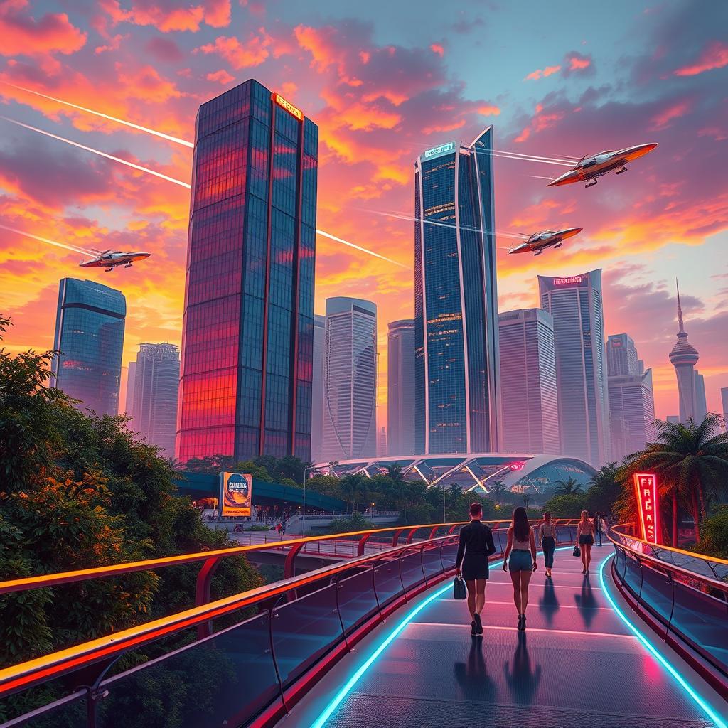 A glossy and stylish aesthetic image showcasing a futuristic cityscape at sunset