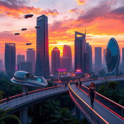 A glossy and stylish aesthetic image showcasing a futuristic cityscape at sunset