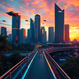 A glossy and stylish aesthetic image showcasing a futuristic cityscape at sunset