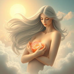 A surreal and allegorical representation of nurturing and motherhood, featuring an ethereal woman radiating warmth and care, surrounded by a soft, dreamlike landscape