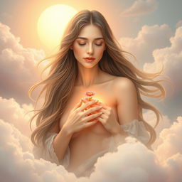 A surreal and allegorical representation of nurturing and motherhood, featuring an ethereal woman radiating warmth and care, surrounded by a soft, dreamlike landscape
