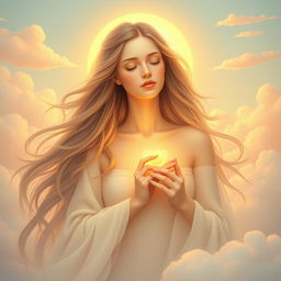 A surreal and allegorical representation of nurturing and motherhood, featuring an ethereal woman radiating warmth and care, surrounded by a soft, dreamlike landscape