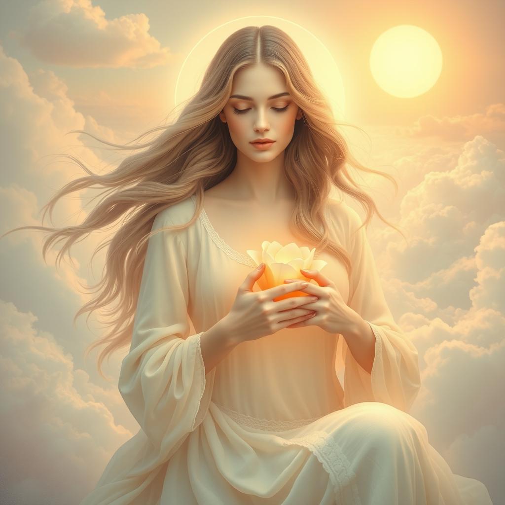 A surreal and allegorical representation of nurturing and motherhood, featuring an ethereal woman radiating warmth and care, surrounded by a soft, dreamlike landscape