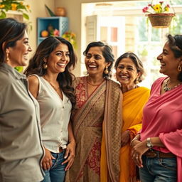 A lively and intimate scene featuring a group of confident, attractive Indian women in their late 30s to early 50s, showcasing their beauty and style