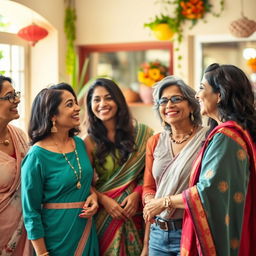 A lively and intimate scene featuring a group of confident, attractive Indian women in their late 30s to early 50s, showcasing their beauty and style