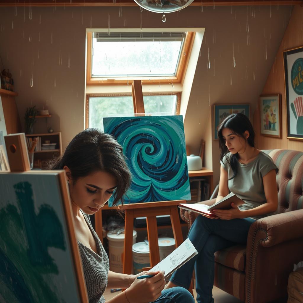 A cozy artist's studio on a rainy afternoon, featuring a small skylight through which raindrops drip, creating a serene atmosphere