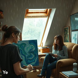 A cozy artist's studio on a rainy afternoon, featuring a small skylight through which raindrops drip, creating a serene atmosphere