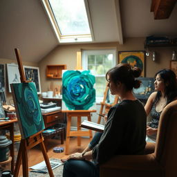 A cozy artist's studio on a rainy afternoon, featuring a small skylight through which raindrops drip, creating a serene atmosphere