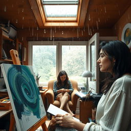 A cozy artist's studio on a rainy afternoon, featuring a small skylight through which raindrops drip, creating a serene atmosphere