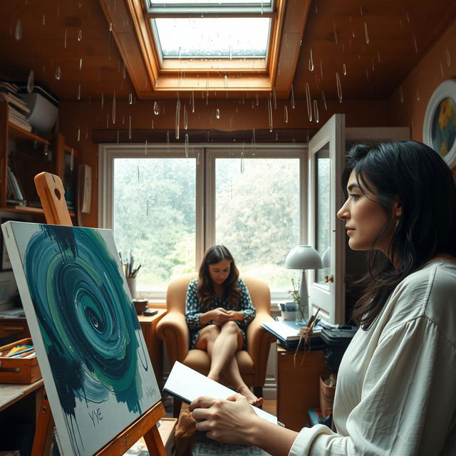 A cozy artist's studio on a rainy afternoon, featuring a small skylight through which raindrops drip, creating a serene atmosphere