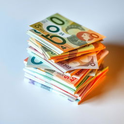 An abstract rendering of a stack of colorful banknotes in varying denominations, creatively arranged to emphasize their textures and colors without any identifying numbers or details that indicate their value