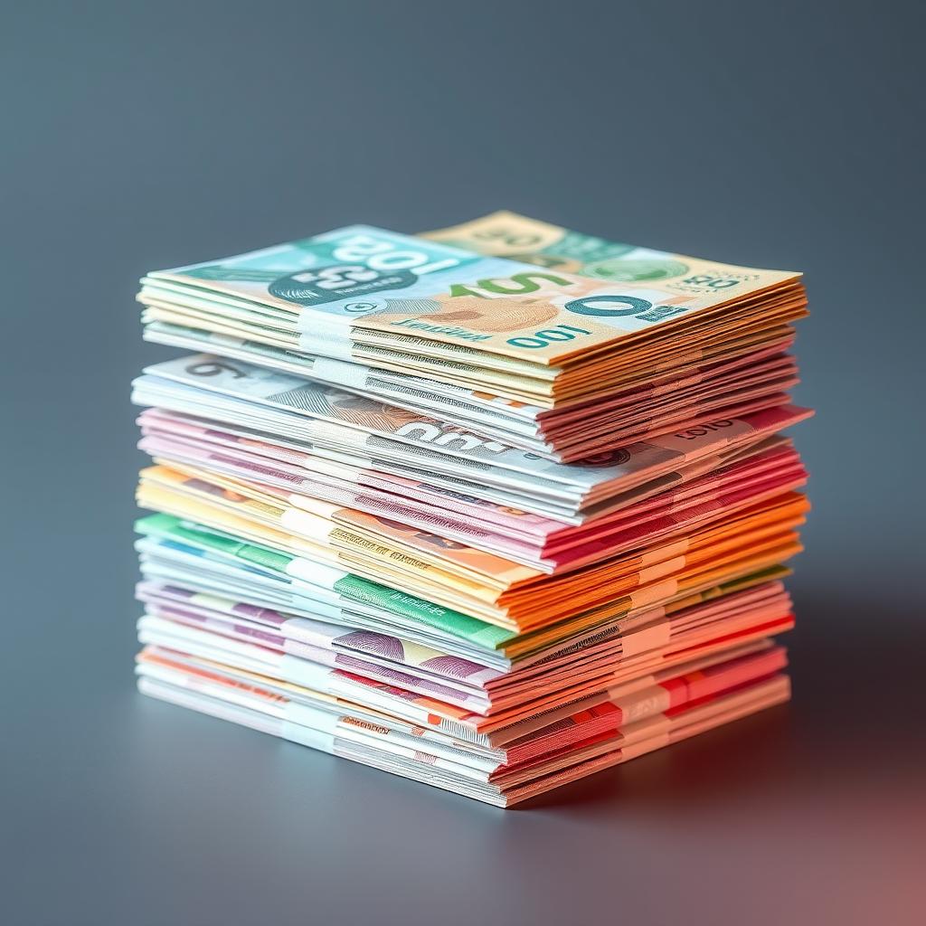 An abstract rendering of a stack of colorful banknotes in varying denominations, creatively arranged to emphasize their textures and colors without any identifying numbers or details that indicate their value