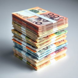An abstract rendering of a stack of colorful banknotes in varying denominations, creatively arranged to emphasize their textures and colors without any identifying numbers or details that indicate their value