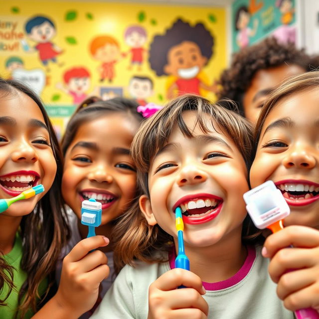A close-up of a playful, colorful children's dental care scene, showcasing a diverse group of children joyfully brushing their teeth with bright, cartoonish toothbrushes and toothpaste