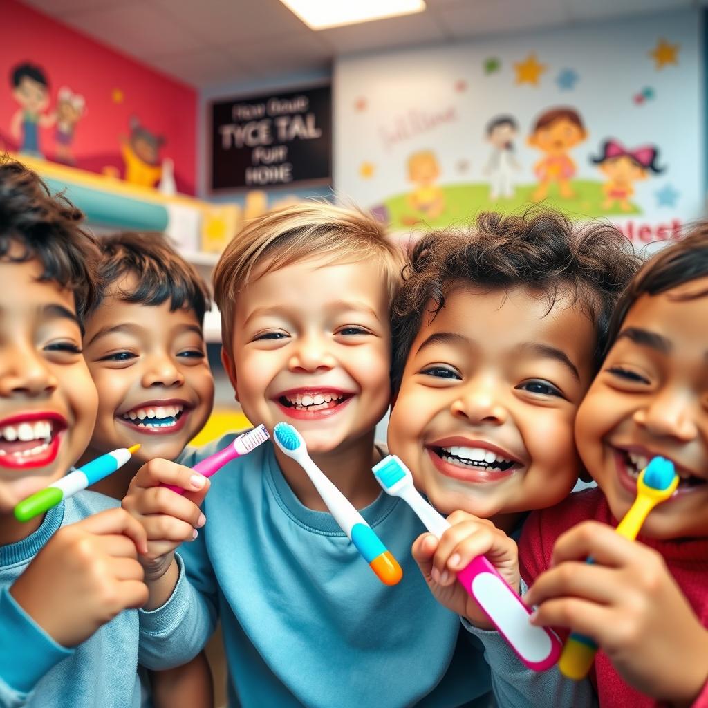 A close-up of a playful, colorful children's dental care scene, showcasing a diverse group of children joyfully brushing their teeth with bright, cartoonish toothbrushes and toothpaste