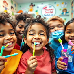A close-up of a playful, colorful children's dental care scene, showcasing a diverse group of children joyfully brushing their teeth with bright, cartoonish toothbrushes and toothpaste